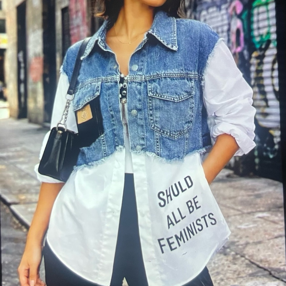Denim-Overlay Button Front Shirt with Feminist Slogan